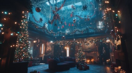 Ornate Room Interior Decorated for Christmas with Glowing Lights and Christmas Trees