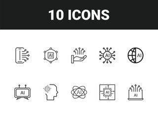 Artificial intelligence line icon set. Set of outline icons related to virtual assistant, generative AI, robotic, data science and others. Vector illustration.