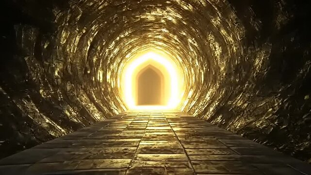Illuminated tunnel leading to a bright doorway, showcasing ancient stonework and mystical ambiance