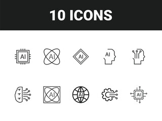 Artificial intelligence line icon set. Set of outline icons related to virtual assistant, generative AI, robotic, data science and others. Vector illustration.