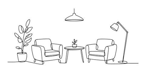 Line art illustration of a modern living room setup with armchairs, a lamp, a small table, and a plant, perfect for interior design and home decor-related projects.