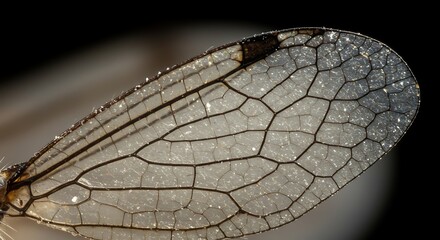Delicate Insect Wing Macro Photography: Intricate Vein Network and Water Droplets