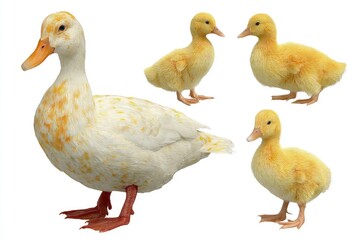 Naklejka premium Ducklings and adult duck standing in a row capturing the growth stages from fluffy yellow hatchlings to a fully feathered waterfowl isolated on white background