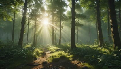 Naklejka premium Sun rays illuminate lush green forest, creating a vibrant scene, light, trail, vibrant