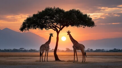 Giraffes sunset silhouette