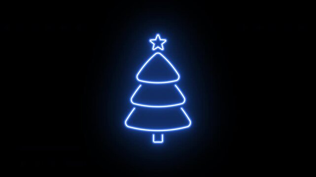 Neon Christmas tree icon, flickering emergence and fading. Glowing neon Christmas tree, looped animation. Xmas spruce, New Year tree icon, Christmas decoration. Violet blue azure colors
