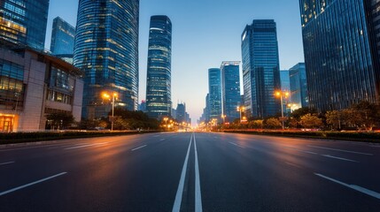 Fototapeta premium Empty road in front of skyscrapers at twilight