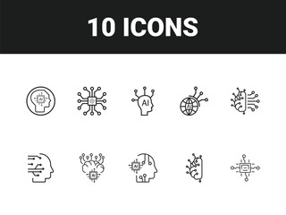 Artificial intelligence line icon set. Set of outline icons related to virtual assistant, generative AI, robotic, data science and others. Vector illustration.