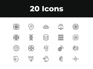 Artificial intelligence line icon set. Set of outline icons related to virtual assistant, generative AI, robotic, data science and others. Vector illustration.