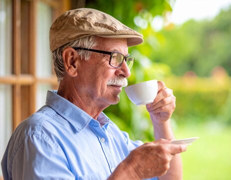British man in his 80s drinking tea in his garden AI generated