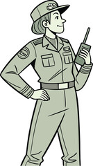Obraz premium Illustration of Confident Female Military Officer Holding Radio - Empowerment and Communication in Uniformed Service Design