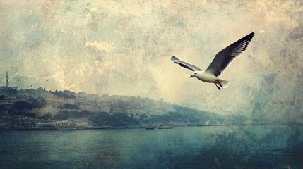 Obraz premium Serene Flight over Istanbul: A Seagull's Tranquil Journey