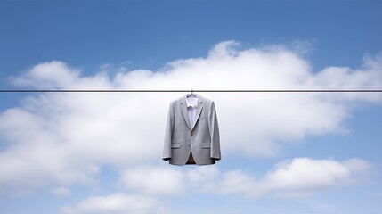 A gray suit jacket hanging on a clothesline against a bright blue sky. The image captures a minimalist style. Perfect for fashion and lifestyle themes. The clouds add a unique touch. AI