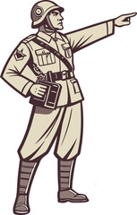 Vintage Military Commander Illustration Pointing Direction with Radio Gear - Retro Army Leadership Artwork Ideal for Historical and Tactical Design Projects