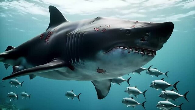 A massive Megalodon shark is swimming deep in the ocean, surrounded by fish