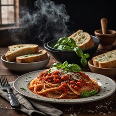 Fototapeta premium A steaming plate of spaghetti topped with chunky tomato sauce, sprinkled with grated parmesan and fresh basil leaves, served with garlic bread on the side.