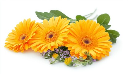 Three Vibrant Yellow Daisies With Purple Accents On A White Background