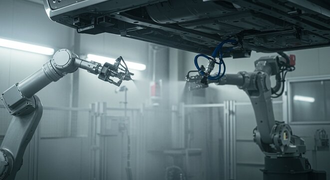 Automated robots spraypaint vehicle chassis in modern industrial factory setting automation