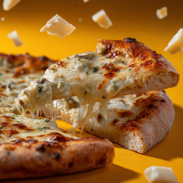 Photo of the Quattro Formaggio pizza (with chotirma sirami). Shape: Round, with golden edge. Size: Medium, about 30 cm in diameter. Cut: One piece of cut, demonstrating viscous cheese. Syre: Mozzarell