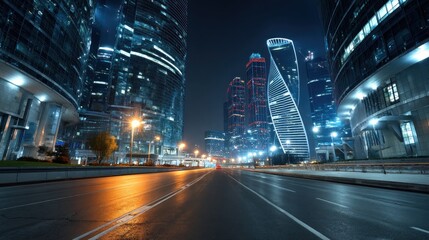 Fototapeta premium Empty city street at night skyscrapers moscow russia