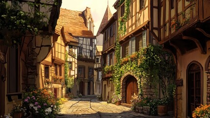 Fototapeta premium Charming Medieval European Village Street, Sunlit Cobblestone Pathway, Historic Architecture, Flower Boxes, Ivy Covered Walls, Picturesque Village Scene