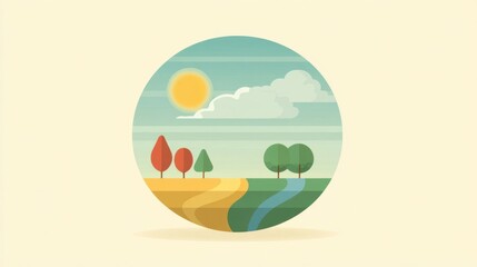 Fototapeta premium Digital Landscape with Trees, River, Sun, and Blue Sky in Round Design