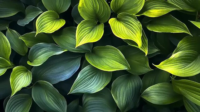 Lush green hosta leaves with varying shades and textures, creating a vibrant natural backdrop
