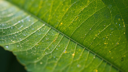 Closeup of leaf veins with iridescent sheen under morning glow, macro botanical focus