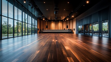 Modern, spacious event hall with polished wooden floor and large windows overlooking a lush landscape.  Dark, modern design elements are evident in the walls and ceiling