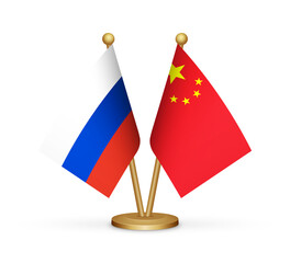 Russia vs China flags mockup 3d illustration. Versus desk flags of Russia and China transparent png