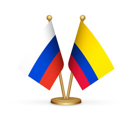 Russia vs Colombia flags mockup 3d illustration. Versus desk flags of Russia and Colombia transparent png