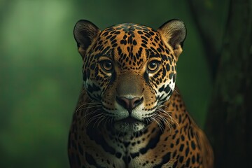 Fototapeta premium Close-up portrait of a jaguar, also known as a panther. The jaguar is looking at the camera with big eyes and a curious expression. In its natural habitat in Central America, on a green background. 
