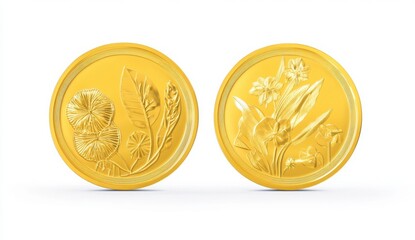 Two Gold Coins With Animal And Floral Designs On White Background