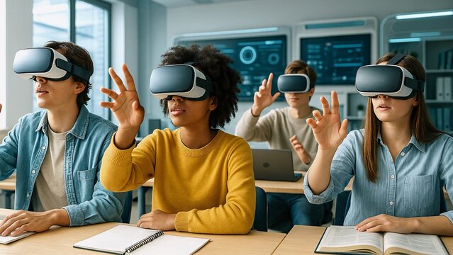 High school students wearing vr headsets are interacting with virtual environment during a lesson, experiencing immersive learning in a modern classroom equipped with interactive screen