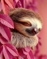 Baby sloth sleeping on tree branch, pastel earth tone background, cozy and calm mood