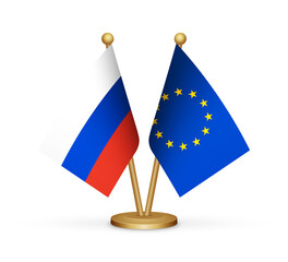 Russia vs European Union EU flags mockup 3d illustration. Versus desk flags of Russia and European Union transparent png