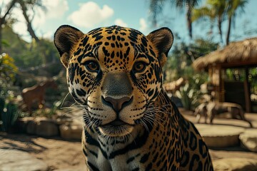 Obraz premium Close-up portrait of a jaguar, vibrant color photography, realistic and cinematic style. In the background is an animal park with various animals in natural settings. The jaguar's face has dark spots 