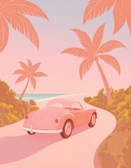 Vintage Convertible Car Driving Along a Tropical Beach Road Surrounded by Palm Trees and Coastal Landscape Du Sunset