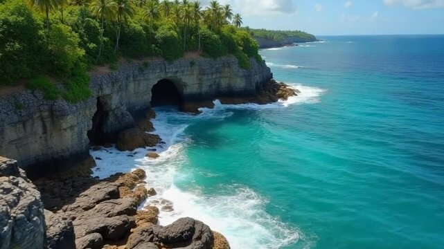 Aerial view of the wild tropical coast of the Dominican Republic with rocky cliff and untouched nature.A light breeze rolls onto shore with turquoise ocean waves.A luxurious landscape for relaxation