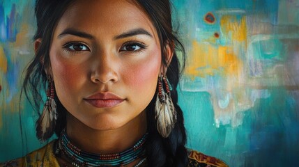 Fototapeta premium Portrait of a Native American Woman: A Stunning Display of Strength and Cultural Heritage