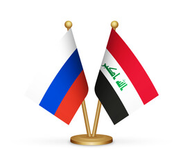 Russia vs Iraq flags mockup 3d illustration. Versus desk flags of Russia and Iraq transparent png
