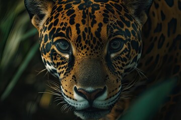 Obraz premium Close-up portrait of a jaguar, also known as a panther. The jaguar is looking at the camera with big eyes and a curious expression. In its natural habitat in Central America, on a green background. 