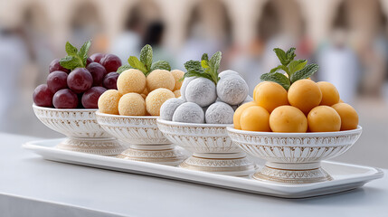 Traditional Indian sweets served in decorative bowls during Ratha Yatra  