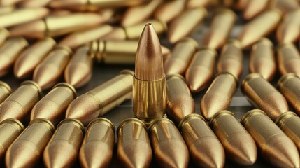 A close-up shot of multiple shiny brass bullets, with one standing upright among several lying down.