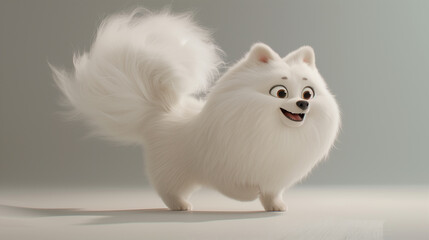 A fluffy, spirited, happy puppy, a charming little white dog with an undeniable smile, posing against a gentle backdrop. This joyful image exudes pure bliss and cheerfulness.