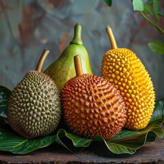 Exotic tropical fruits such as jackfruit, durian, and sapodilla displayed on banana leaves against a neutral backdrop.