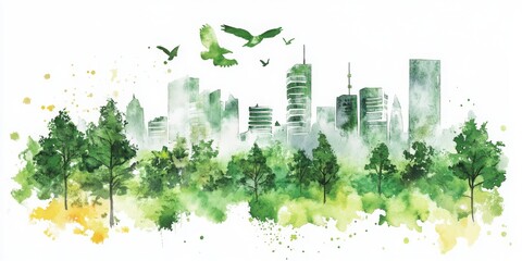Urban Watercolor Scene With Green Trees And Birds