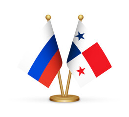 Russia vs Panama flags mockup 3d illustration. Versus desk flags of Russia and Panama transparent png