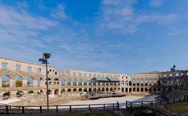 Ancient ruins of the Roman Amphitheatre, Istria peninsula. Pula, Croatia.
