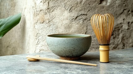 Matcha green tea powder in a handcrafted wooden bowl with a traditional bamboo whisk beside it on a stone countertop